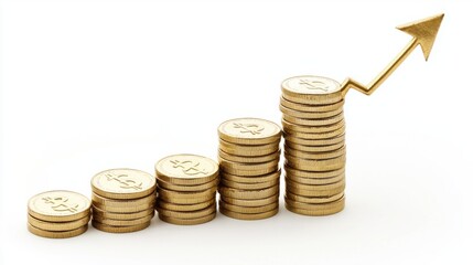 Growth in Financial Investment with Stacks of Coins and Arrow