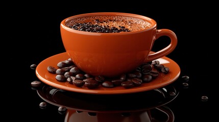 Orange cup filled with coffee and beans on black, reflective surface. Perfect for coffee shop menus, blogs, or advertising materials.