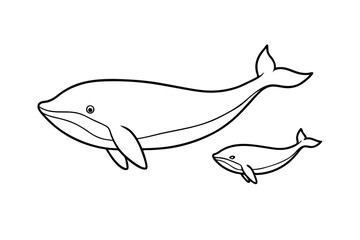 Whale Family Ocean Life Mother and Calf, Black and White Illustration