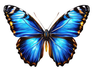A vibrant blue butterfly with striking iridescent wings showcases intricate patterns and textures, symbolizing beauty and transformation nature. Its vivid colors captivate viewer attention