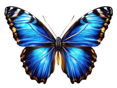 A vibrant blue butterfly with striking iridescent wings showcases intricate patterns and textures, symbolizing beauty and transformation nature. Its vivid colors captivate viewer attention