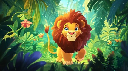 Obraz premium Playful Lion in Lush Jungle with Bright Green Foliage and Flowers