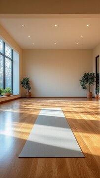 Yoga mat stretches lengthwise across room during daytime in light spacious studio interior