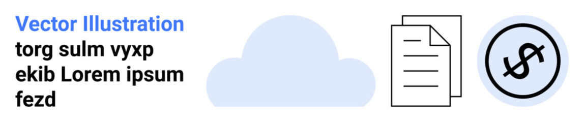 Cloud icon, paper stack, and dollar currency representing data storage, digital paperwork, and money. Ideal for cloud computing, finance, data sharing, online storage technology documents simple