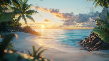 Fototapeta premium Tropical beach paradise with palm trees, white sand, and a vibrant sunset over the ocean horizon