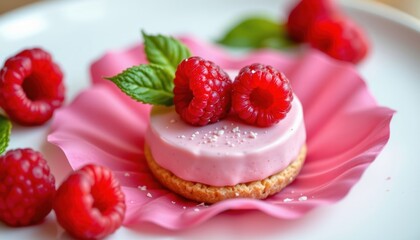 A homemade gourmet dessert featuring a delicate fresh raspberry cream filling, elegantly presented on a pink flower petal for a luxurious and visually stunning treat.