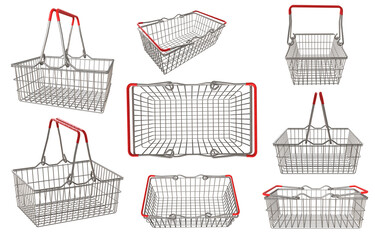 Shopping basket for supermarket products. Shop equipment. Realistic market bag. Multi-angle of...