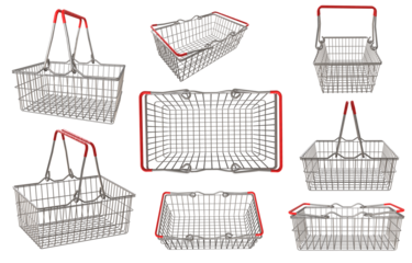 Shopping basket for supermarket products. Shop equipment. Realistic market bag. Multi-angle of metal shiny basket. Png transparency