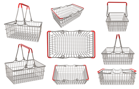 Shopping basket for supermarket products. Shop equipment. Realistic market bag. Multi-angle of metal shiny basket. Png transparency