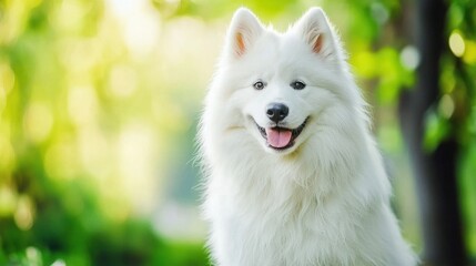 Obraz premium Happy White Dog with Fluffy Coat Sitting in Green Nature Background