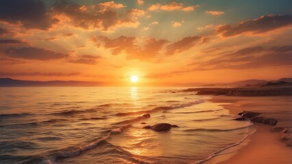 Obraz premium A sunset over a mountainous landscape,