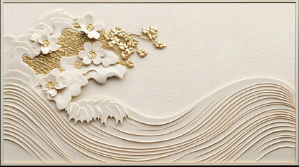 Elegant Floral Relief Design with Waves and Gold Accents in Beige