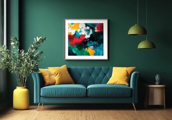 Teal living room with abstract art, yellow accents, and plant