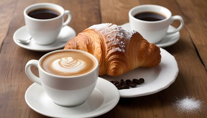 A close-up shot features a white ceramic cup filled with dark coffee, positioned next to a golden-brown croissant dusted with powdered sugar