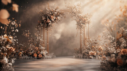 Elegant wedding arch adorned with flowers and foliage in a dreamy ethereal setting with soft lighting