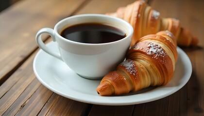 A close-up shot features a white ceramic cup filled with dark coffee, positioned next to a golden-brown croissant dusted with powdered sugar