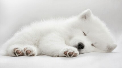 Fototapeta premium Adorable White Puppy Sleeping Peacefully on Soft White Surface