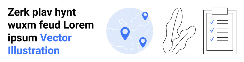 Geolocation pins on a global map, abstract leaf design, and a clipboard with a checklist. Ideal for tracking, task management, logistics, location services, workflow planning, organization
