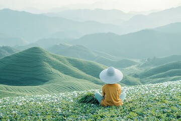 Fototapeta premium Woman meditates mountain vista.