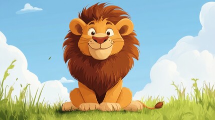 Cheerful Cartoon Lion Sitting in Green Grass Under Blue Sky
