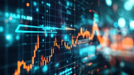 Data visualization of financial indicators.  Dynamic, glowing graphs and charts