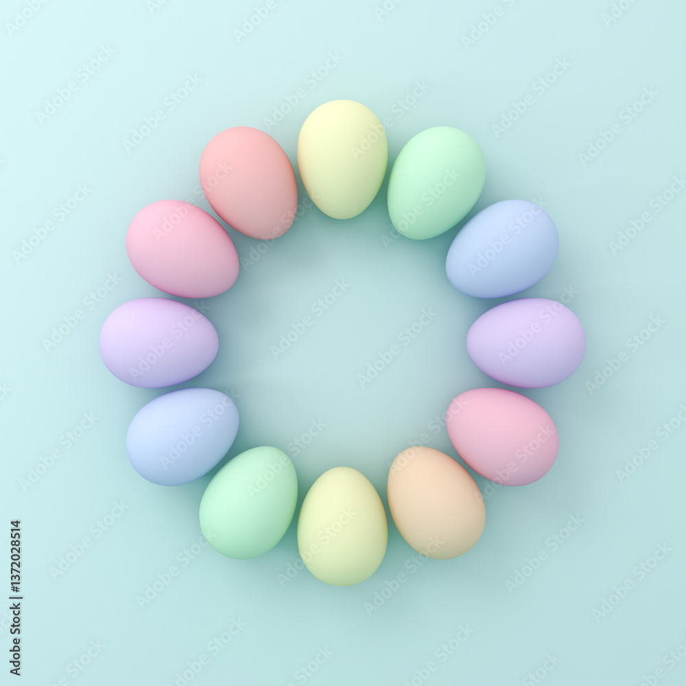 Poster colorful easter eggs on light blue green pastel color background with shadows and blank space minima