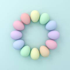 Colorful Easter eggs on light blue green pastel color background with shadows and blank space minimal creative idea easter day concepts 3D rendering