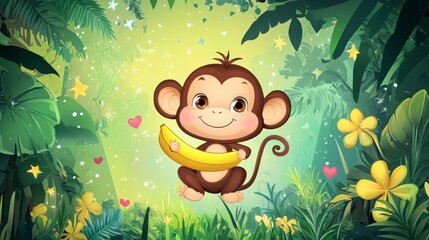 Cute Cartoon Monkey Holding Banana in Lush Jungle Background