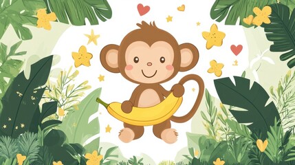Cute Monkey Character Holding Banana Surrounded by Tropical Leaves