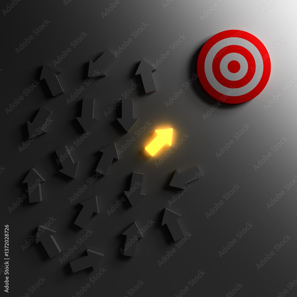 Leinwandbilder one glowing light arrow go to the bright side goal target amongs dim arrows stand out from the crowd