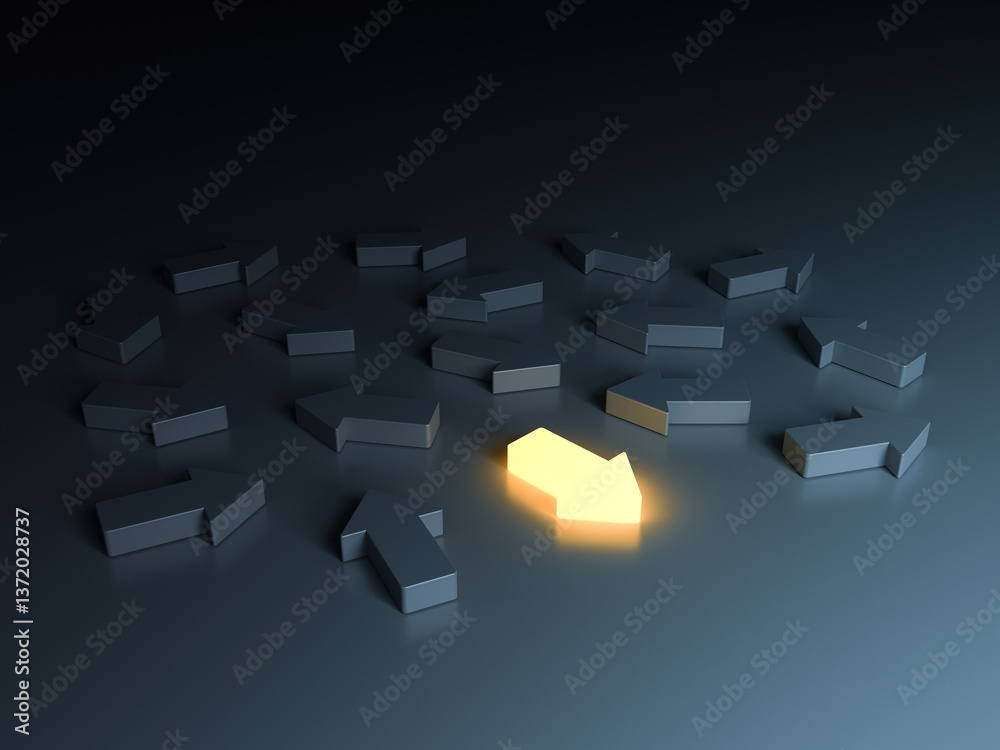 Fototapete One glowing light arrow go to the bright side amongs the unlit or dim arrows stand out from the crowd in the dark room background leadership and different business creative idea concepts 3D rendering