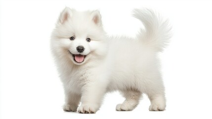 Obraz premium Joyful Samoyed Puppy Standing Against White Background