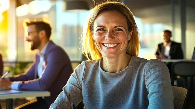 Confident businesswoman spearheading a team discussion in a contemporary office setting.