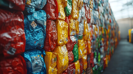 Gepresster farbiger Plastikmüll in Recyclinganlage – Symbol für Wiederverwertung