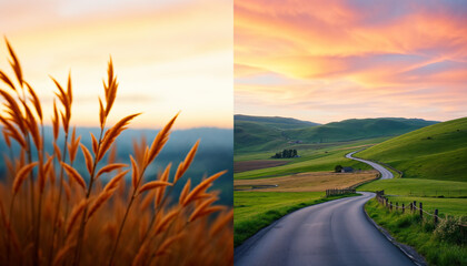 Breathtaking river valley and golden wheat field diptych at sunset, premium split-screen landscape banner perfect for environmental websites and outdoor brand headers
