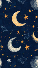 Naklejka premium Whimsical night sky illustration with glowing celestial elements.