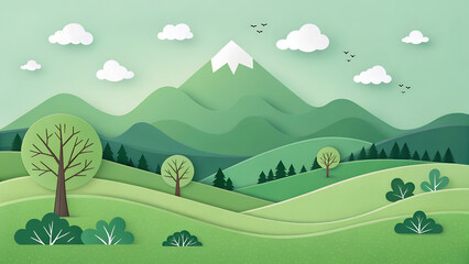 Fototapeta premium Calm and Peaceful Nature Scene with Layered Hills, Soft Green Tones, and White Clouds in a Pastel Green Sky with a Subtle 3D Effect. Created with Generative AI technology.