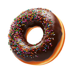 Tasty chocolate glazed donut with crunchy sprinkles isolated on white background. Sweet dessert and freshly baked pastry concept