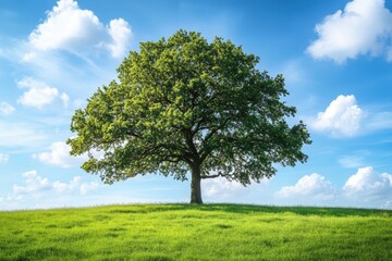 Fototapeta premium Green tree stands on the hill with bright blue sky and fluffy clouds. Use it for nature, environment, travel, and peace concepts in your project.