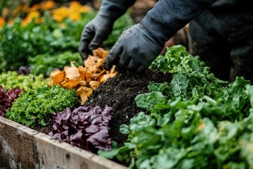 Fototapeta premium Hands working in lush garden, mixing compost with vibrant greens