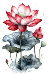Watercolor Red and White Lotus Flowers with Gray Green Leaves