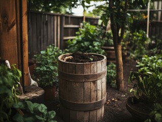 Fototapeta premium Lush greenery surrounds rustic wooden barrel in thriving garden