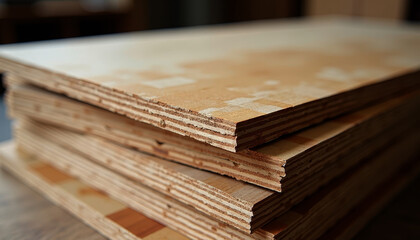 Explore the Versatile Plywood Stack in Workshop Setting: Variety and Size Options. A stack of plywood sitting on top of a table.