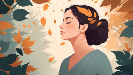  A serene woman with eyes closed, listening to the rustling leaves as if they are telling her an ancient story