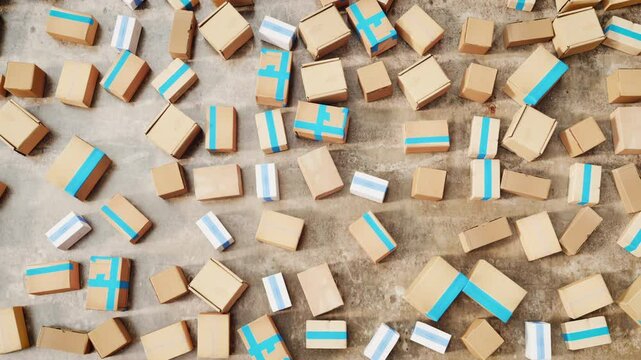 Top-view video of numerous parcel boxes scattered on the warehouse floor, awaiting shipment. 3D animation.