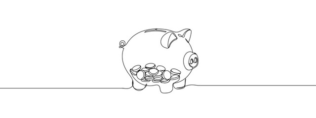 Continuous single line, financial illustration, piggy bank with coins inside. with transparent background editable stroke.