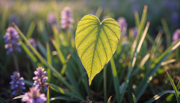 Heart-shaped green leaf among purple wildflowers at sunrise, romantic nature detail perfect for botanical desktop wallpapers and spring blog headers