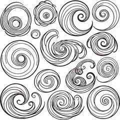 A collection of various stylized black wave and swirl designs
