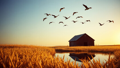 Red barn in golden prairie with soaring birds at sunset, classic americana landscape perfect for rural desktop wallpapers and countryside website headers