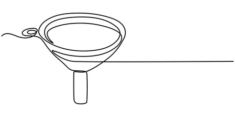 Stainless steel funnel with handle continuous one line drawing, outline, Silver Funnel on white background, Funnel, Sieve and funnel, Hand with sieve. Funnel in background.
